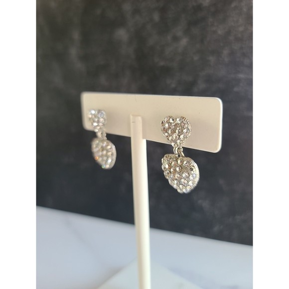 Vintage Rhinestone Heart Shaped Dangling Pierced Earrings - Picture 3 of 10